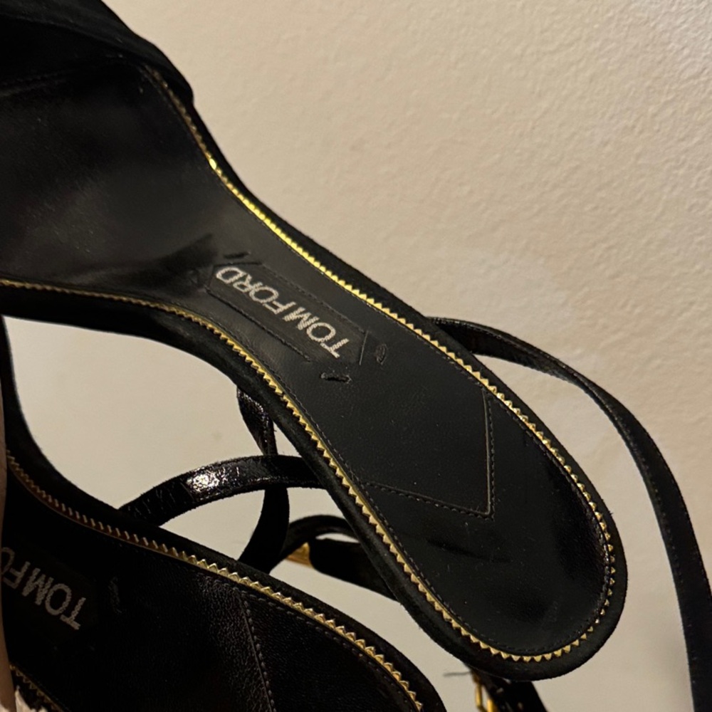 Tom Ford Black Strappy Heels with Gold Accents